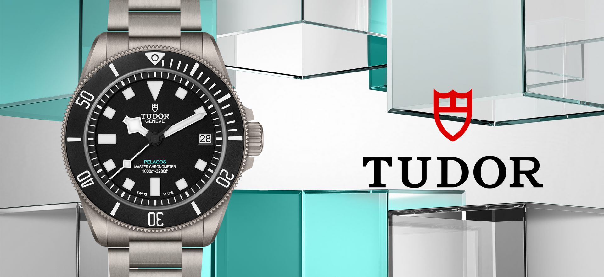 Tudor-horloge met zwarte wijzerplaat op een zilveren band, met het Tudor-logo ernaast.