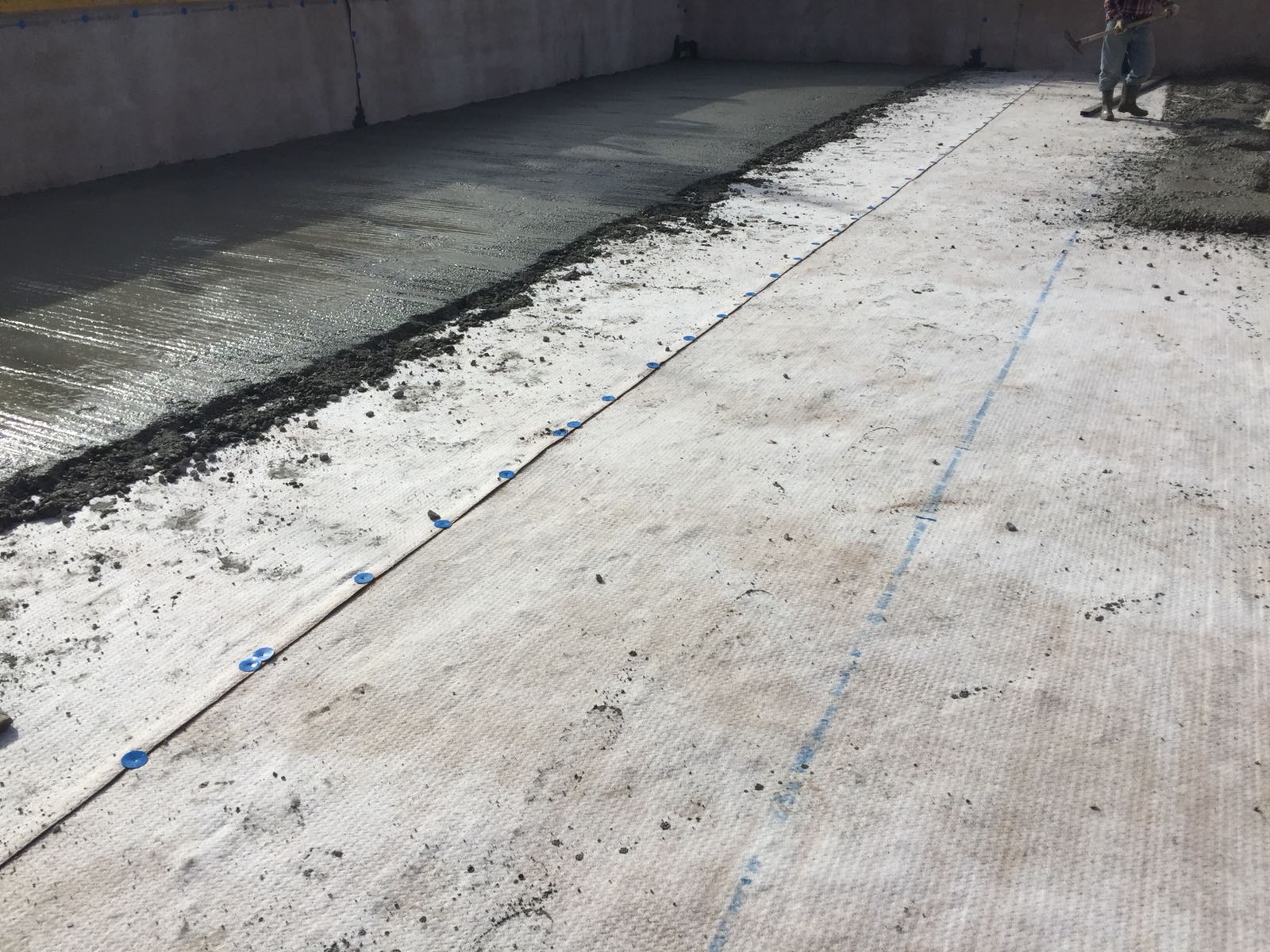 Una persona è in piedi su una superficie di cemento con una linea blu.