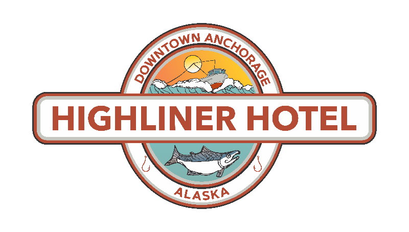 The logo for the highliner hotel in alaska has a fish and a boat on it.