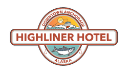 The logo for the highliner hotel in alaska has a fish and a boat on it.