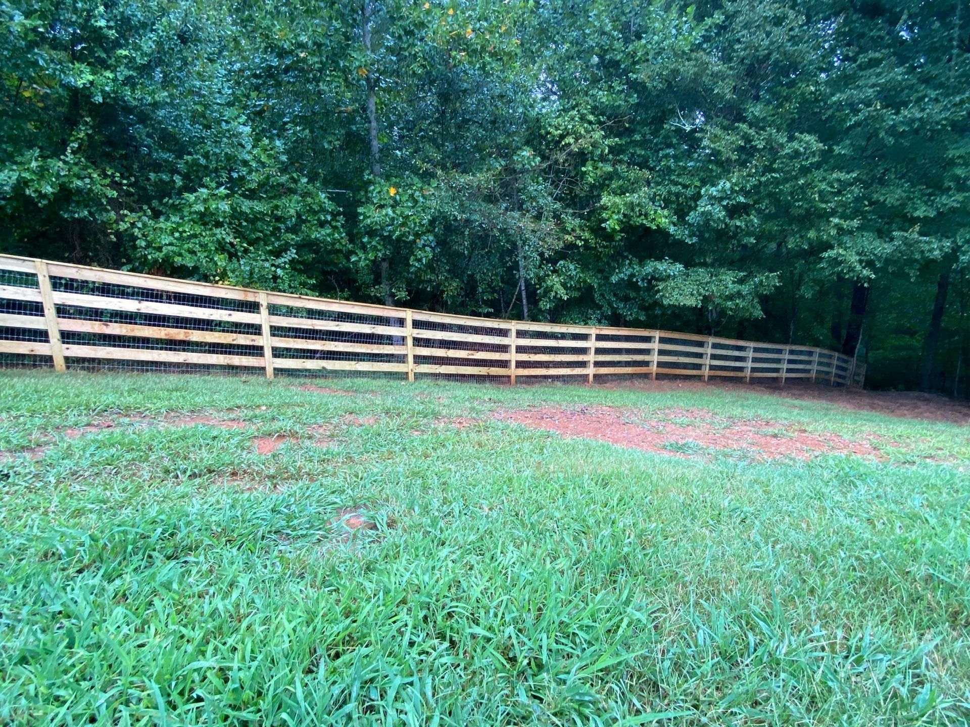 A wooden split-rail fence stretches across a grassy field, bordered by trees.