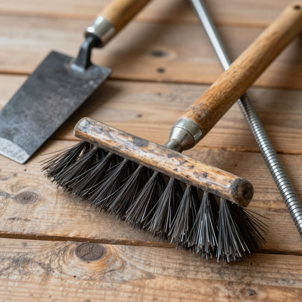 Brosse métallique et truelle à main sur un établi en bois, à côté d'un ressort métallique enroulé.
