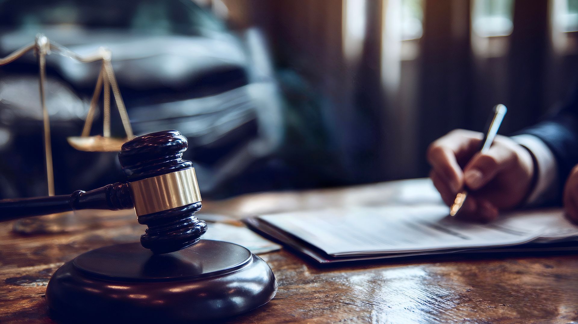 Photograph of a legal setting featuring a wooden judge's gavel and scales of justice on a desk, with