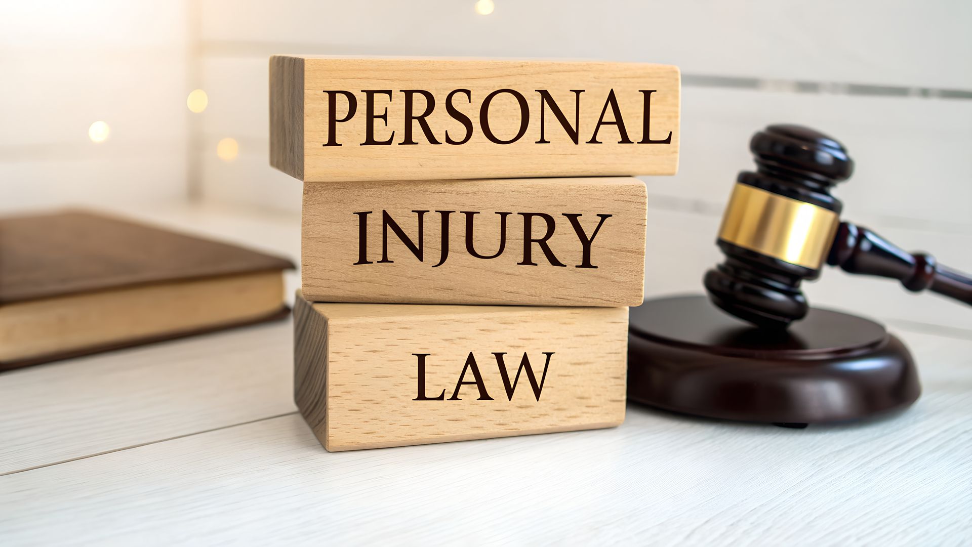 Wooden blocks with personal injury law beside a gavel and book symbolizing justice.