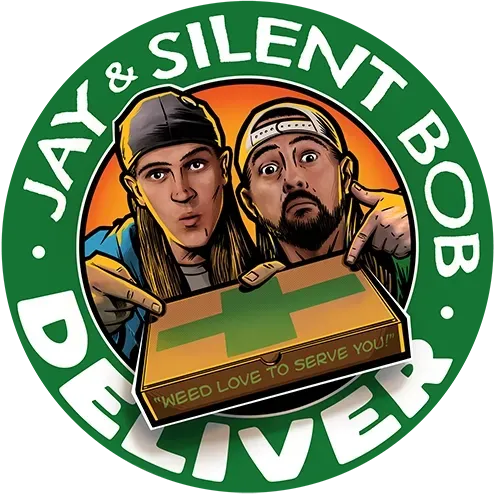 Logo with two cartoon men and a weed box reading “Jay & Silent Bob Deliver”