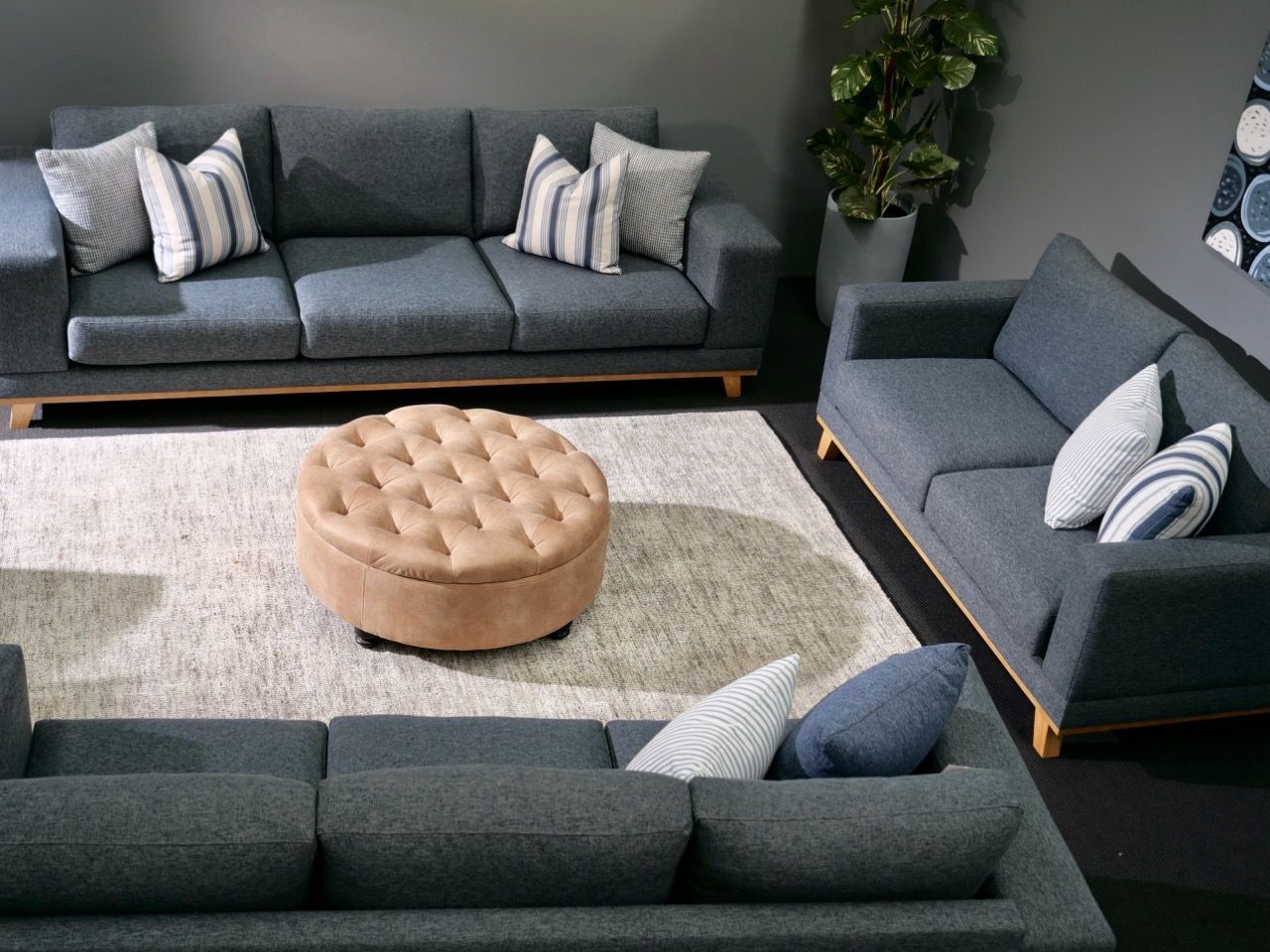 Living room with gray sofas, ottoman, area rug, and potted plant.