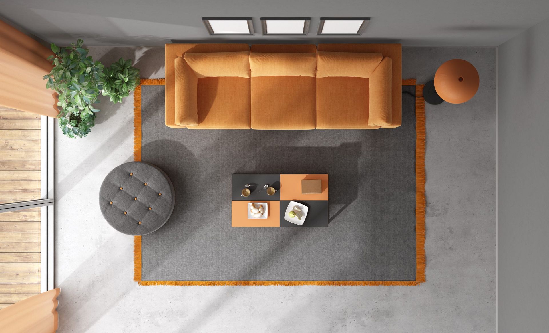 Overhead view of a living room with an orange couch, gray rug, coffee table, and a potted plant.