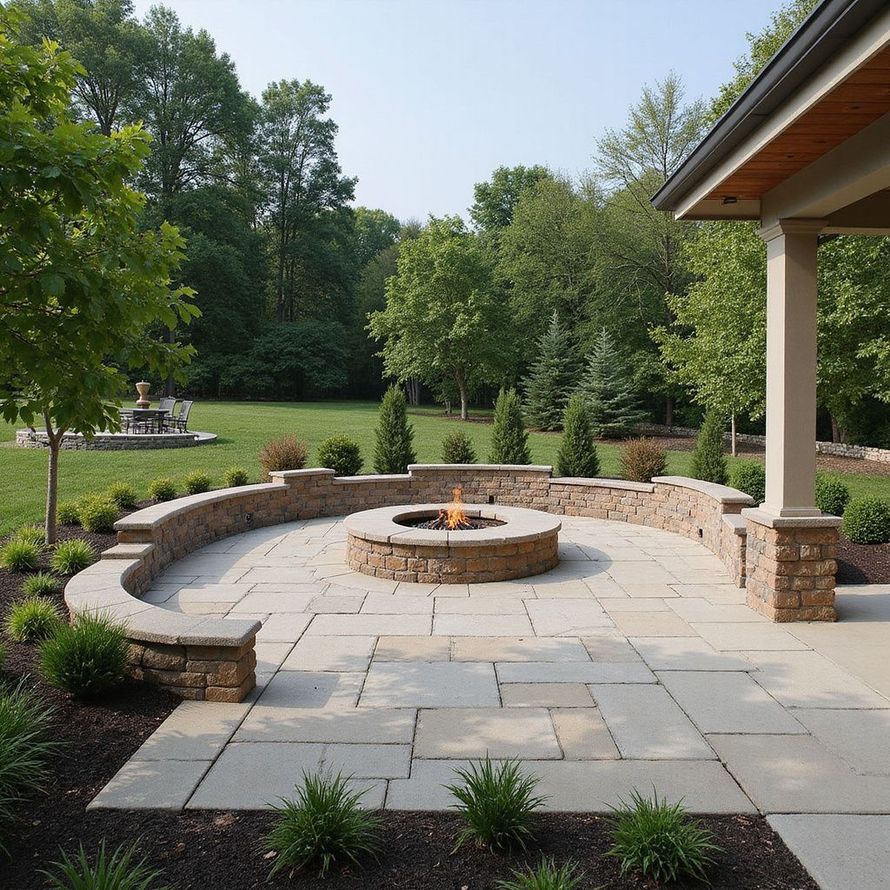 Stone patio with fire pit, curved seating, and lush landscaping, in a backyard setting.