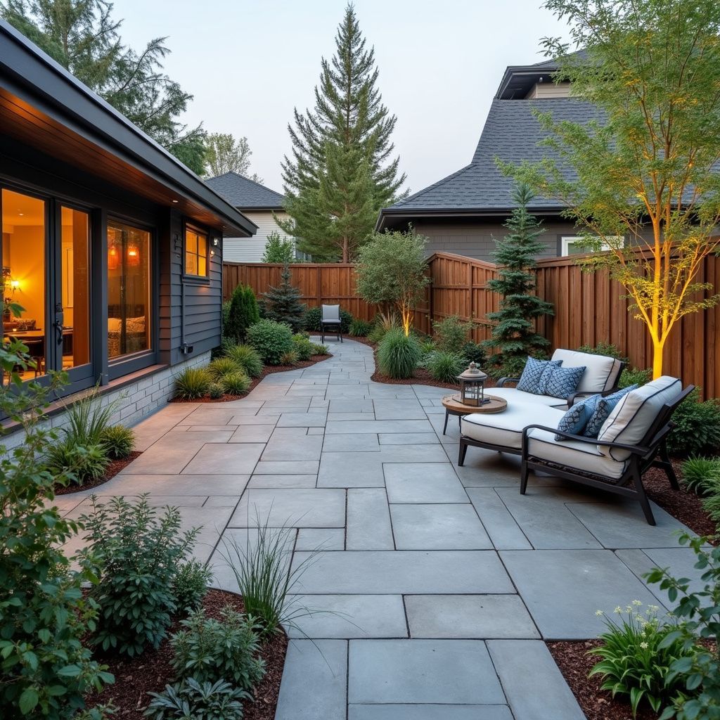 Patio with gray stone pavers, seating, and lush landscaping, adjacent to a dark-colored home.