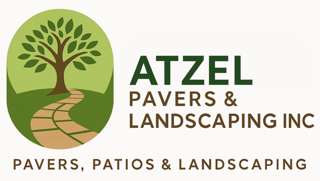 Logo for Atzel Pavers & Landscaping Inc: Oval green tree emblem with company name and services listed.