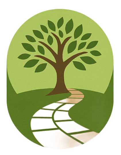 A tree with a leafy canopy sits above a winding stone path in a green oval.