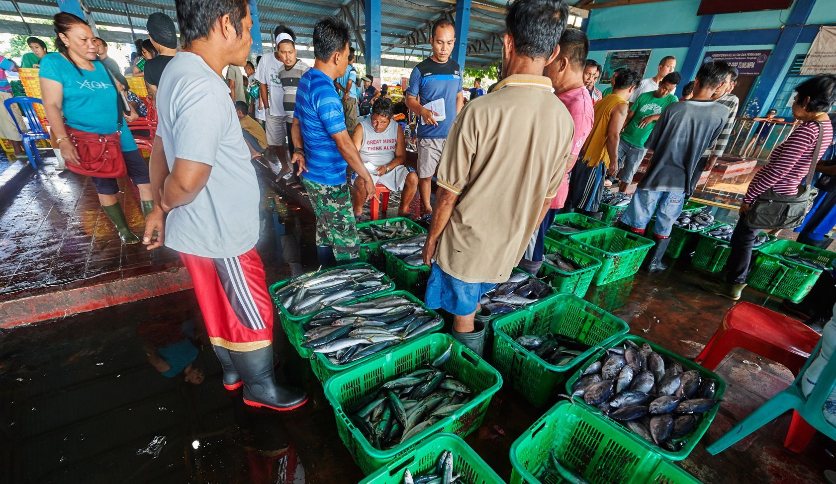 A group of people are standing around baskets of fish at a fish market.