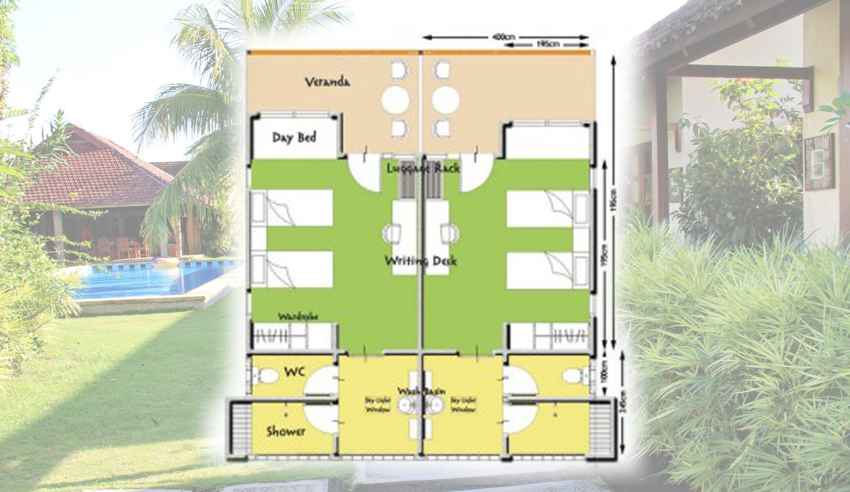 A floor plan of a house with a swimming pool in the background