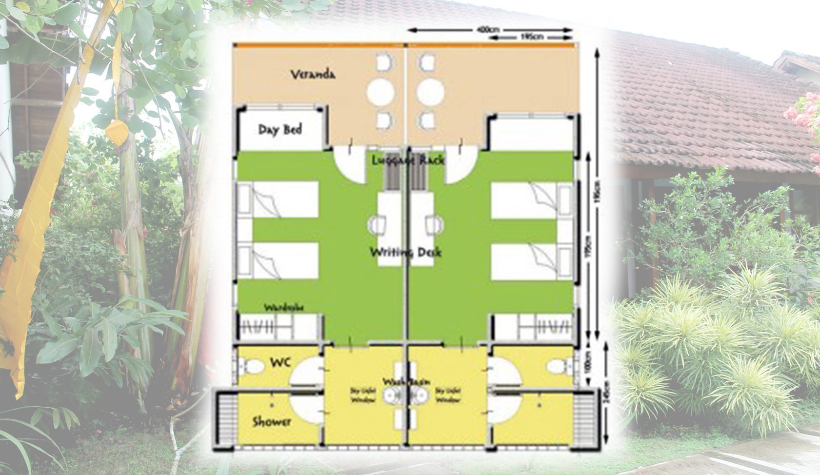 A floor plan of a house with a green area in the middle