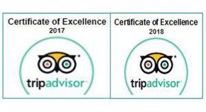 A trip advisor certificate of excellence from 2017 and 2018