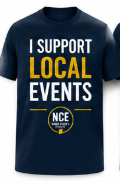Front and back view of 'I Support Local Events' Noble County Events t-shirt, navy color, showing bold yellow and white text on front and back.