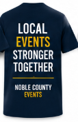 Front and back view of 'I Support Local Events' Noble County Events t-shirt, navy color, showing bold yellow and white text on front and back.