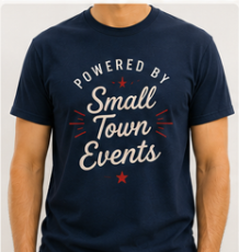 Front and back view of 'One More Won't Hurt' Noble County Events t-shirt, navy color, front shows 'Powered by Small Town Events', back shows humorous text about attending Noble County events with Indiana outline.
