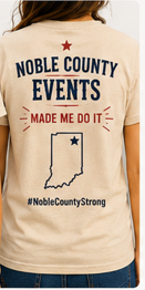 Front and back view of 'The Relatable One' Noble County Events t-shirt, sand color, with humorous front text and back design showing Noble County on Indiana with a star
