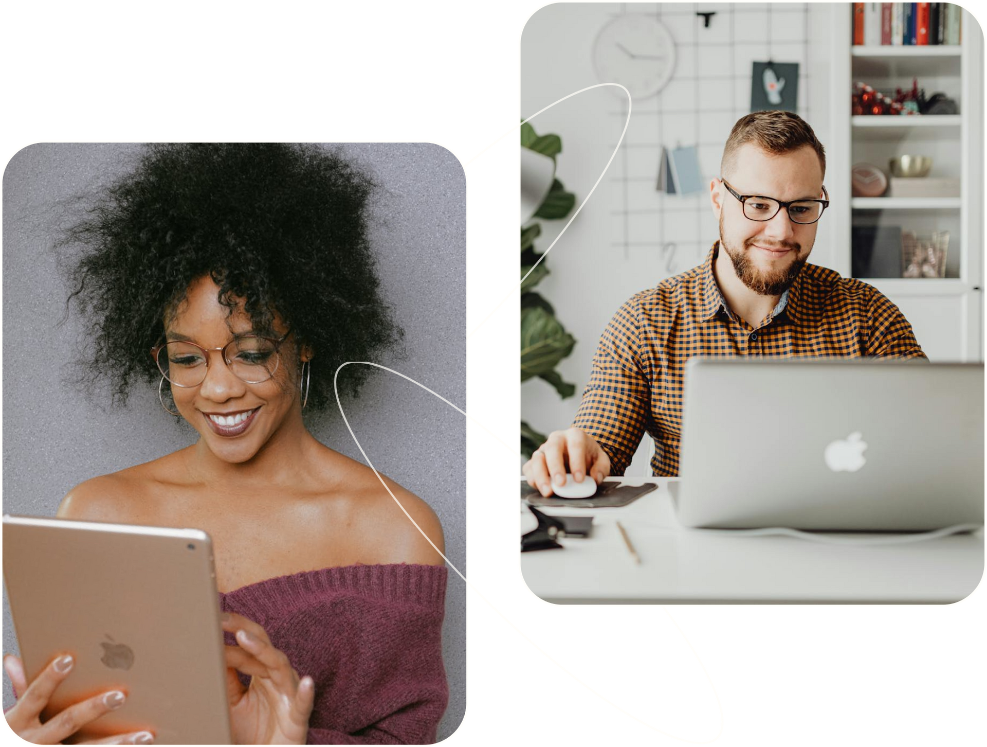 A woman is using a tablet and a man is using a laptop.