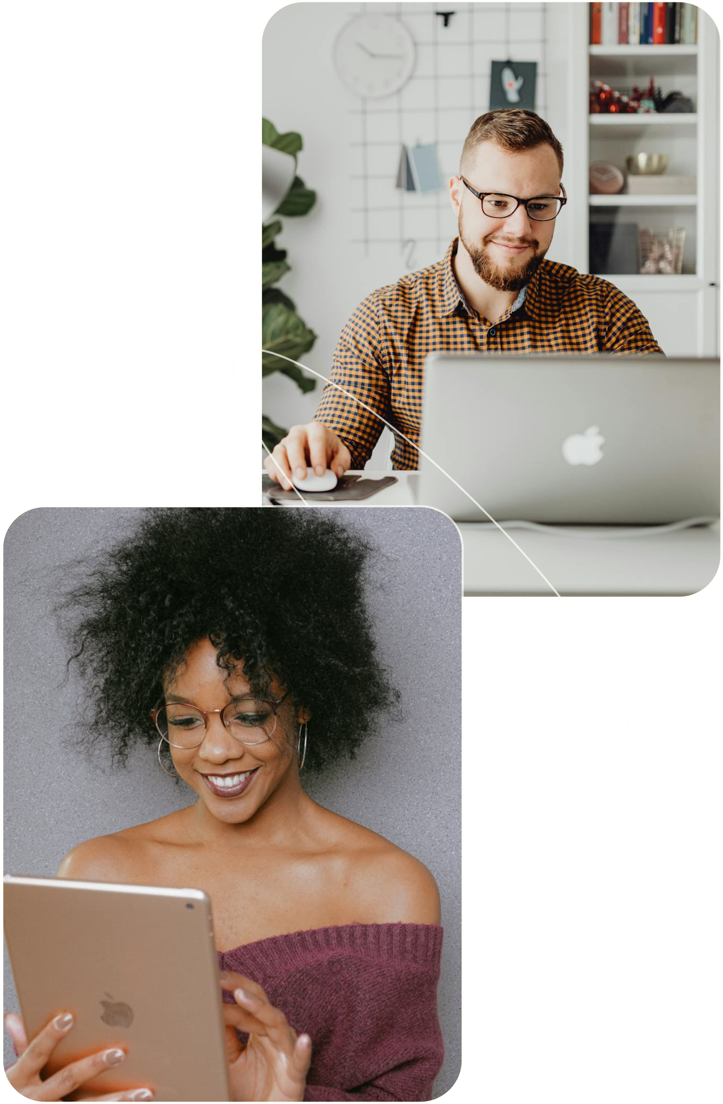 A man and a woman are using laptops and tablets.