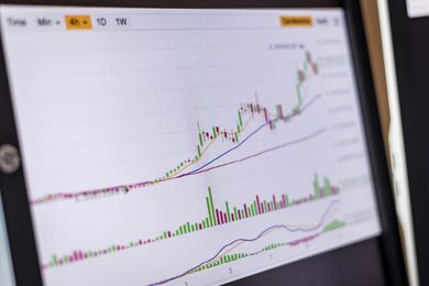 Stock chart with rising price trend and volume bars on a trading screen.