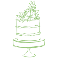 Yellow line drawing of a tiered cake on a pedestal, topped with flowers.