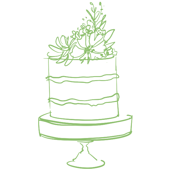 Yellow line drawing of a tiered cake on a pedestal, topped with flowers.