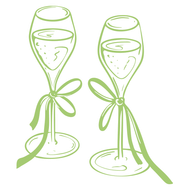 Two champagne flutes, tied with ribbon, filled with bubbly liquid.