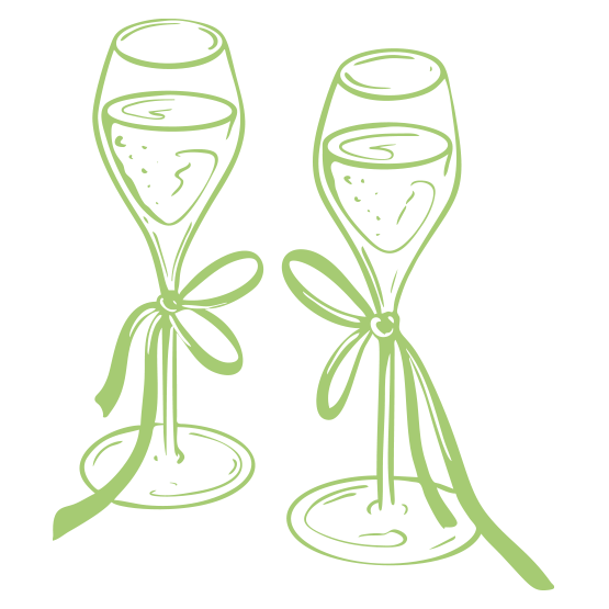 Two champagne flutes, tied with ribbon, filled with bubbly liquid.