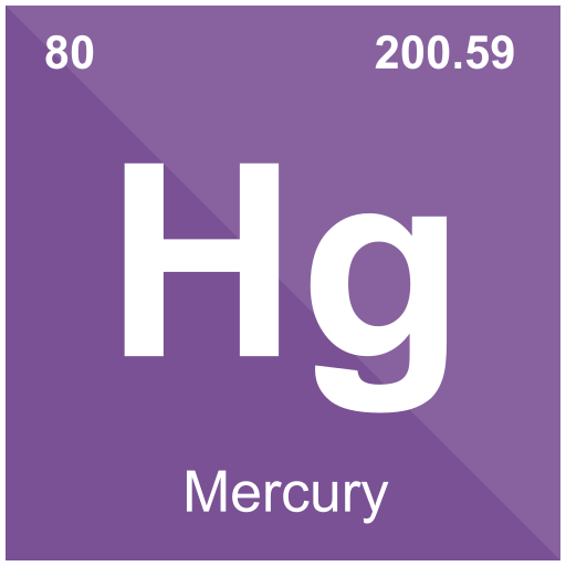 The chemical symbol for mercury is shown on a purple background