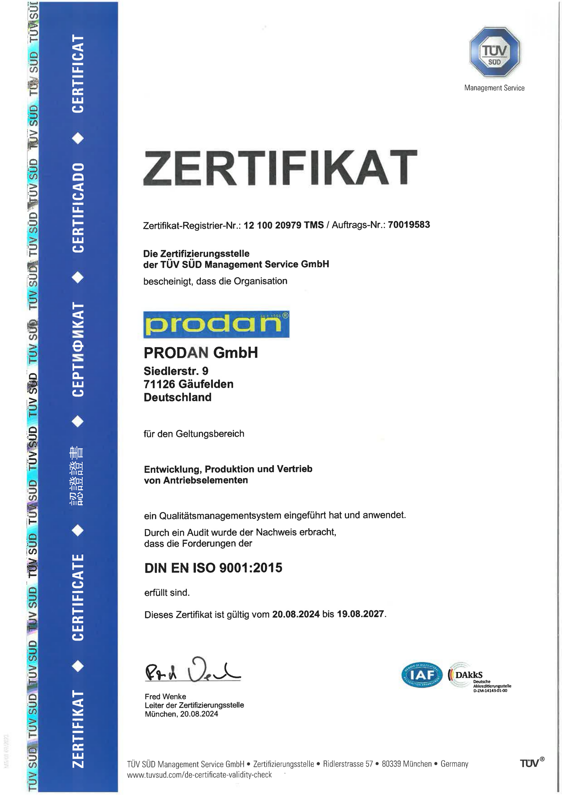 German-language certificate for PRODAN GmbH, blue border, white background.