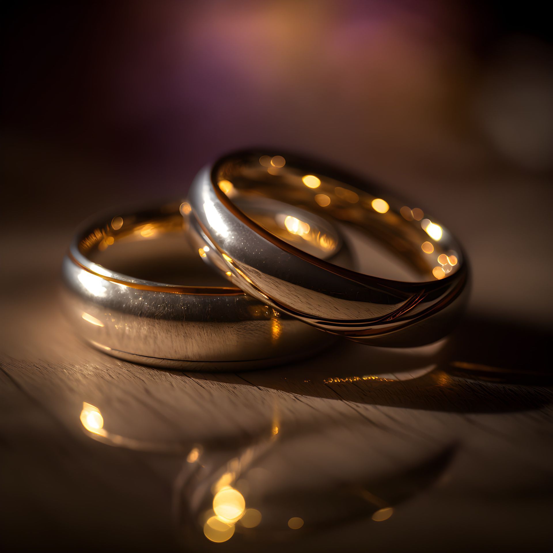 A pair of wedding rings are sitting on a wooden table.