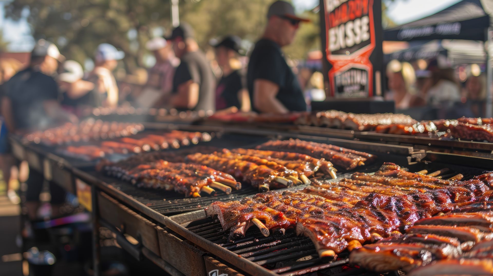 A bunch of ribs are cooking on a grill at a festival.