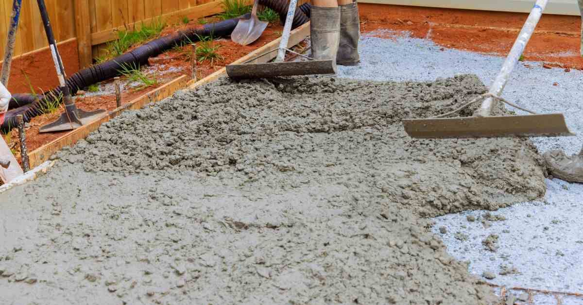 A team of concrete workers spreading wet concrete mix. They wear boots and use specialty long-arm to