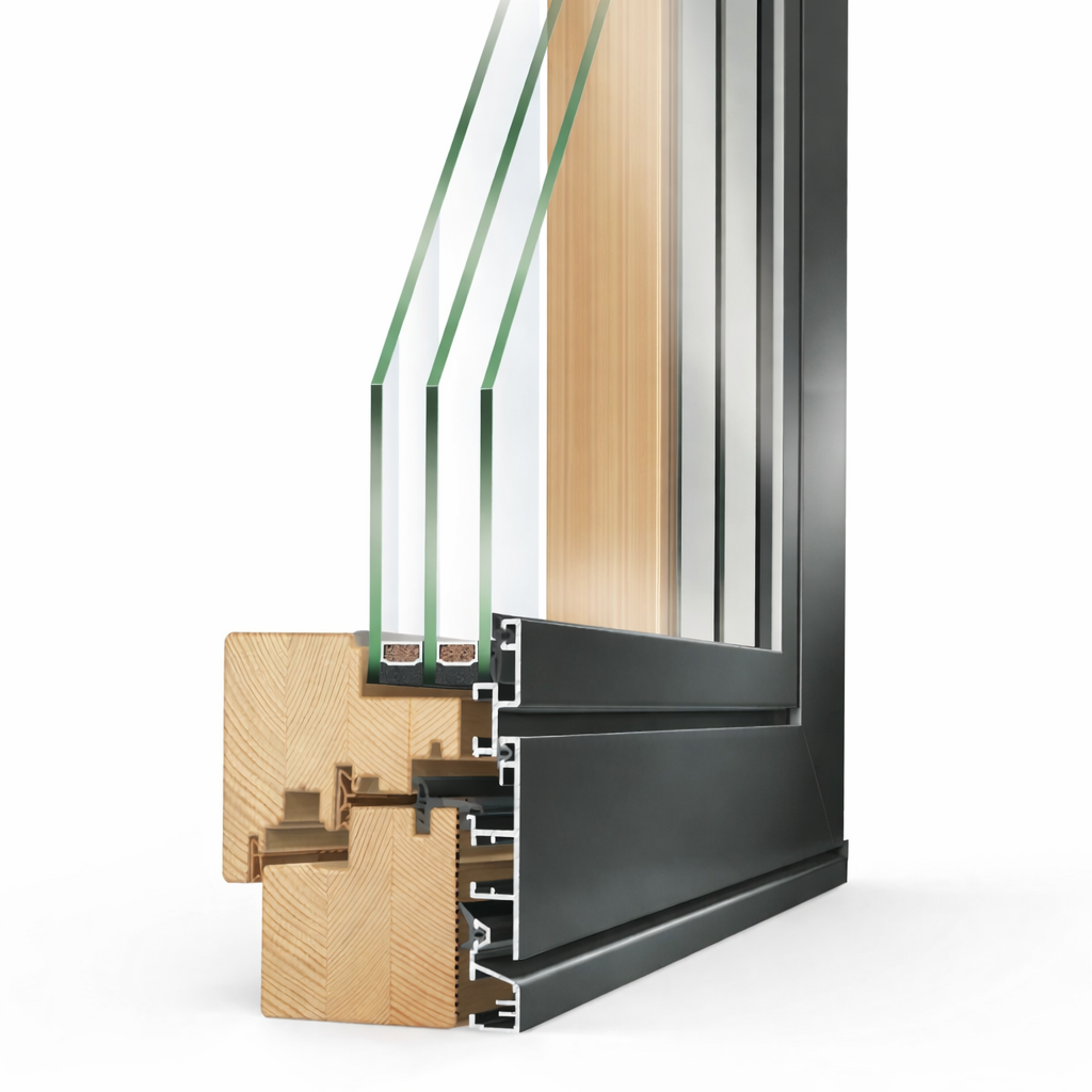 Sezione trasversale di una finestra a triplo vetro che mostra un telaio in legno naturale con un rivestimento esterno in metallo nero.