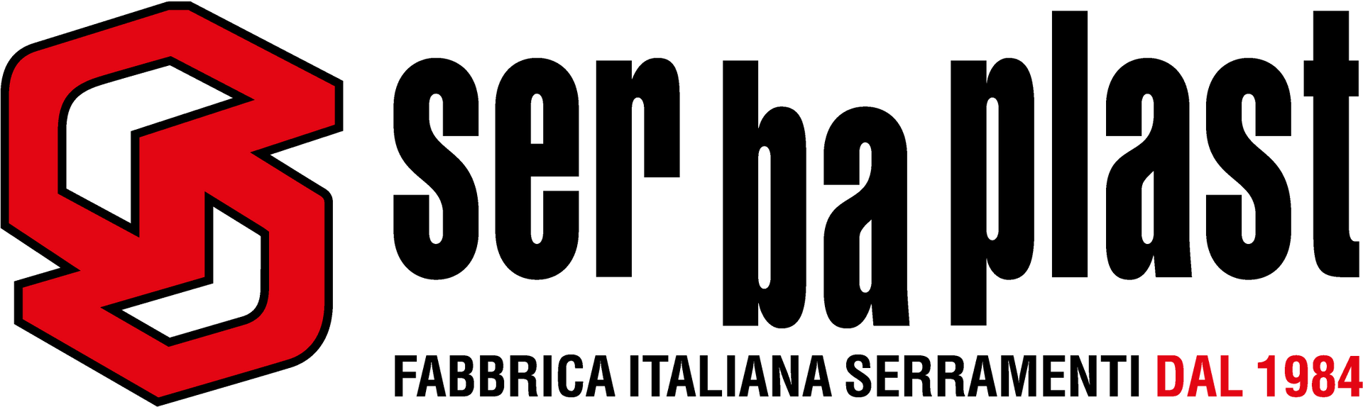 Logo aziendale di Serba Plast: simbolo geometrico rosso a forma di "S" accanto alla scritta nera "ser ba plast" e alla scritta rossa "DAL 1984".