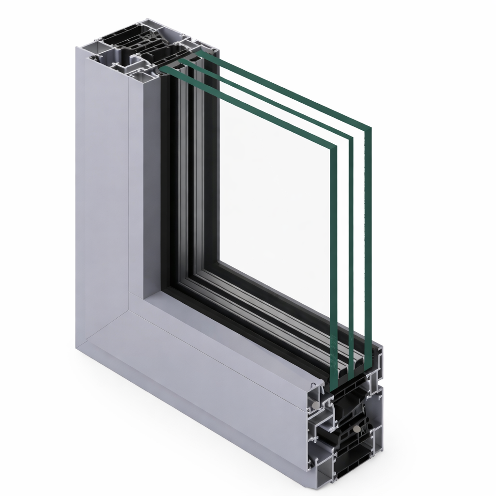 Sezione angolare di una finestra a triplo vetro che mostra il telaio in alluminio con isolamento termico e i pannelli di vetro.