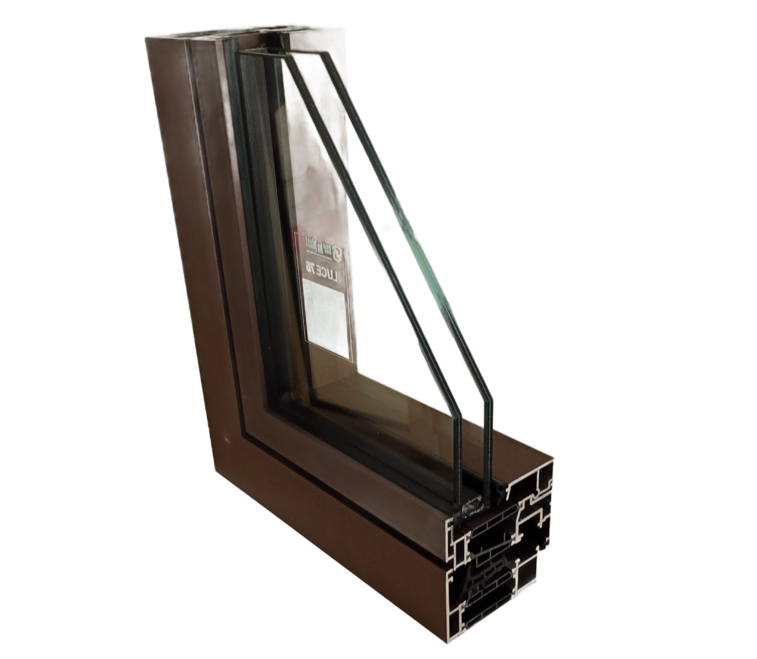 Vista in sezione di un telaio di finestra in alluminio marrone scuro con doppio vetro.