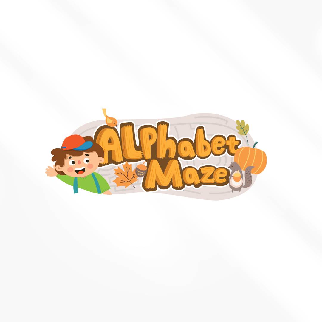 A logo for alphabet maze with a boy and a pumpkin.