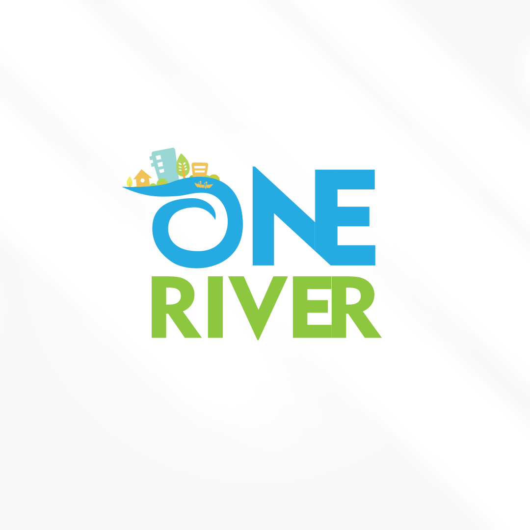A blue and green logo for one river with a city in the background.