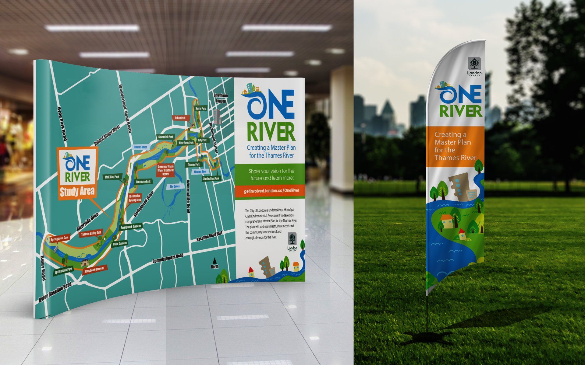 A map and a flag with the words one river on them