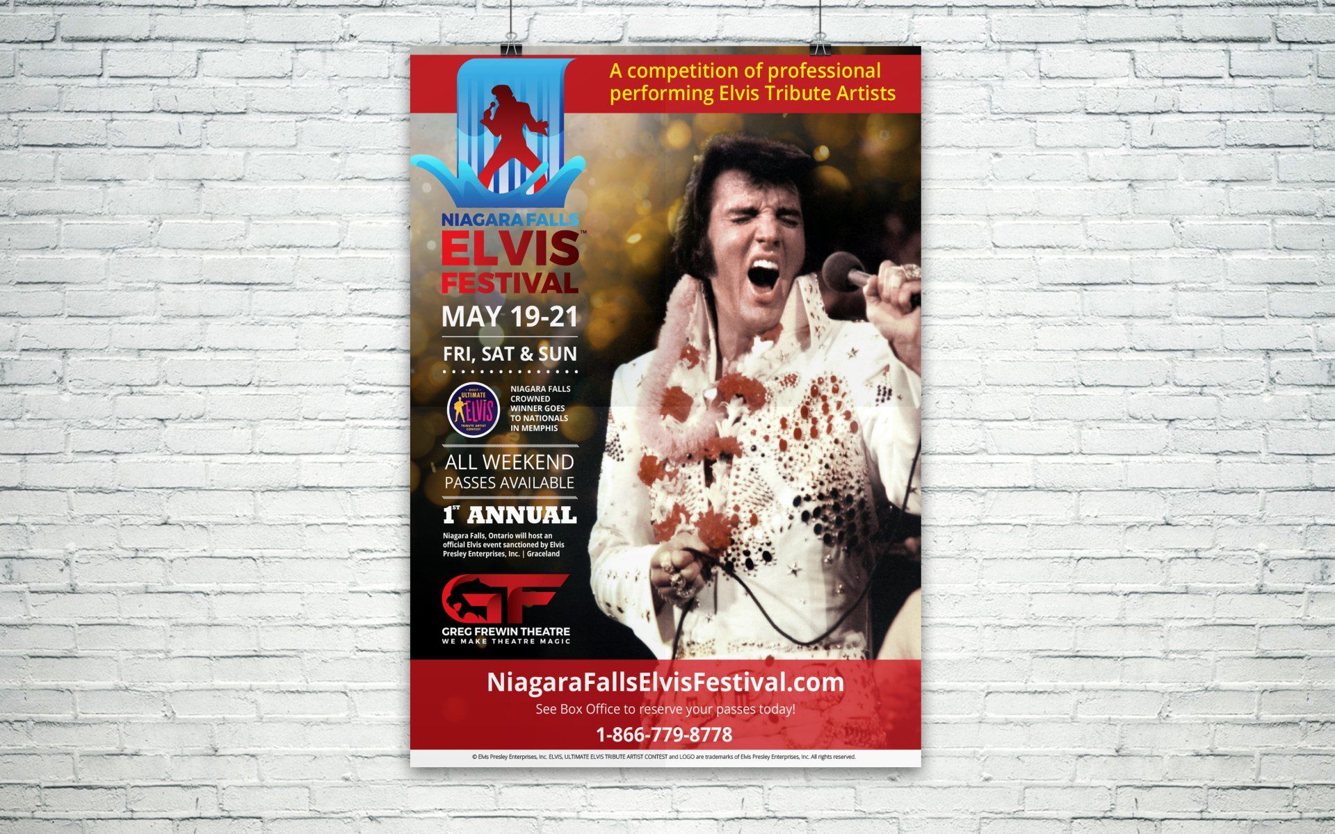 A poster for the elvis festival is hanging on a brick wall.