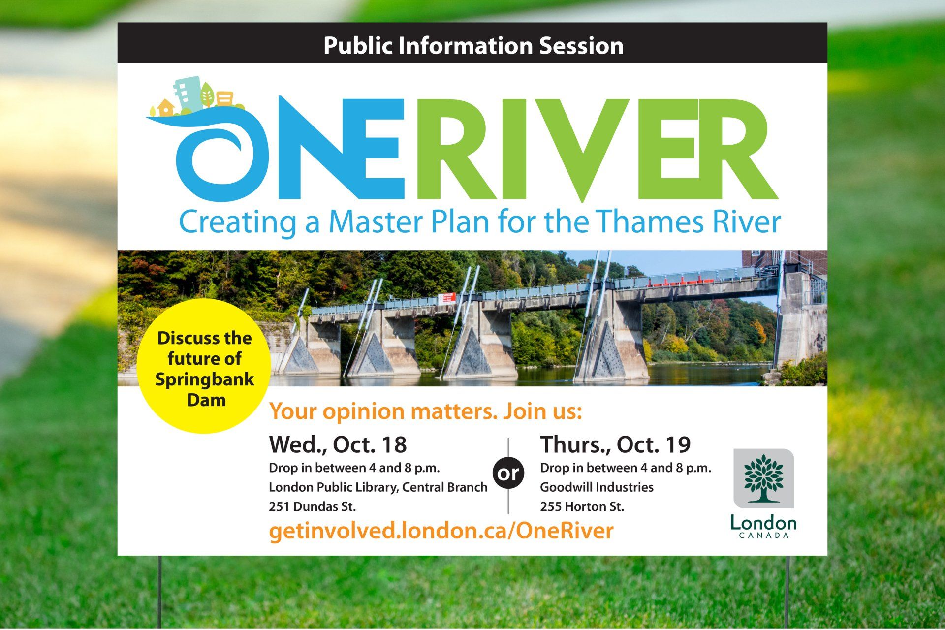 A poster for a public information session on one river