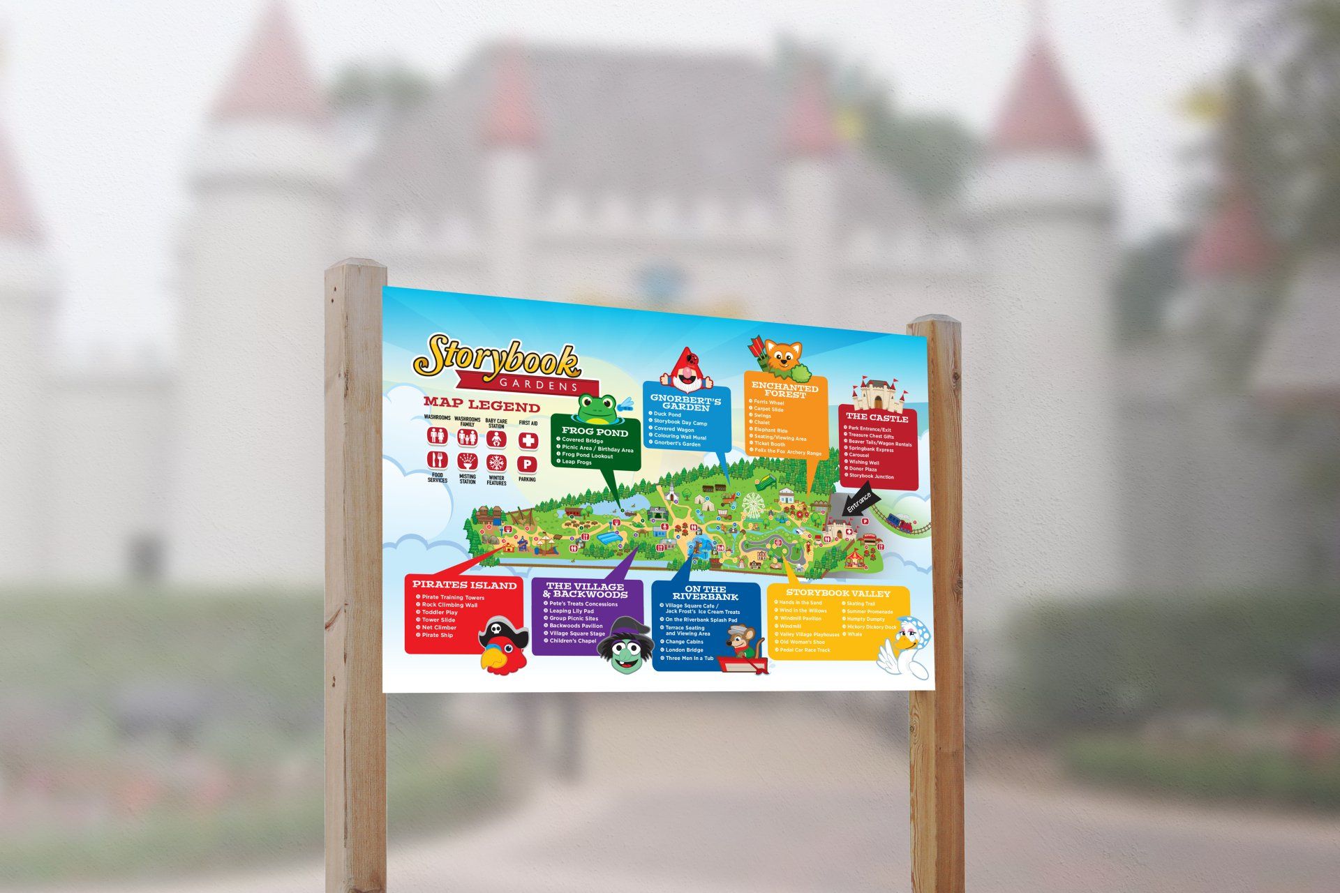 A map is sitting on a wooden post in front of a castle.