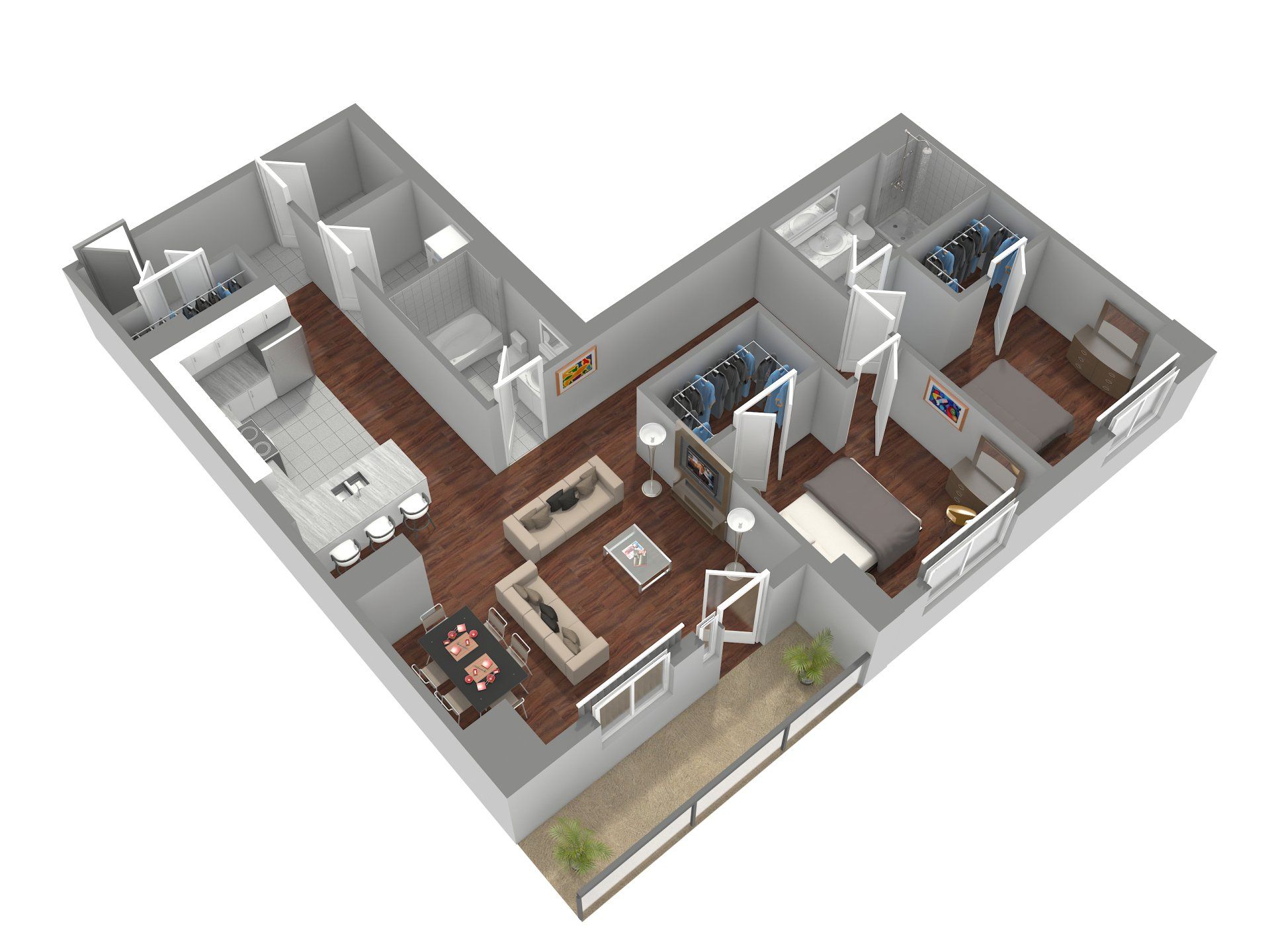 A 3d floor plan of a house with a balcony.