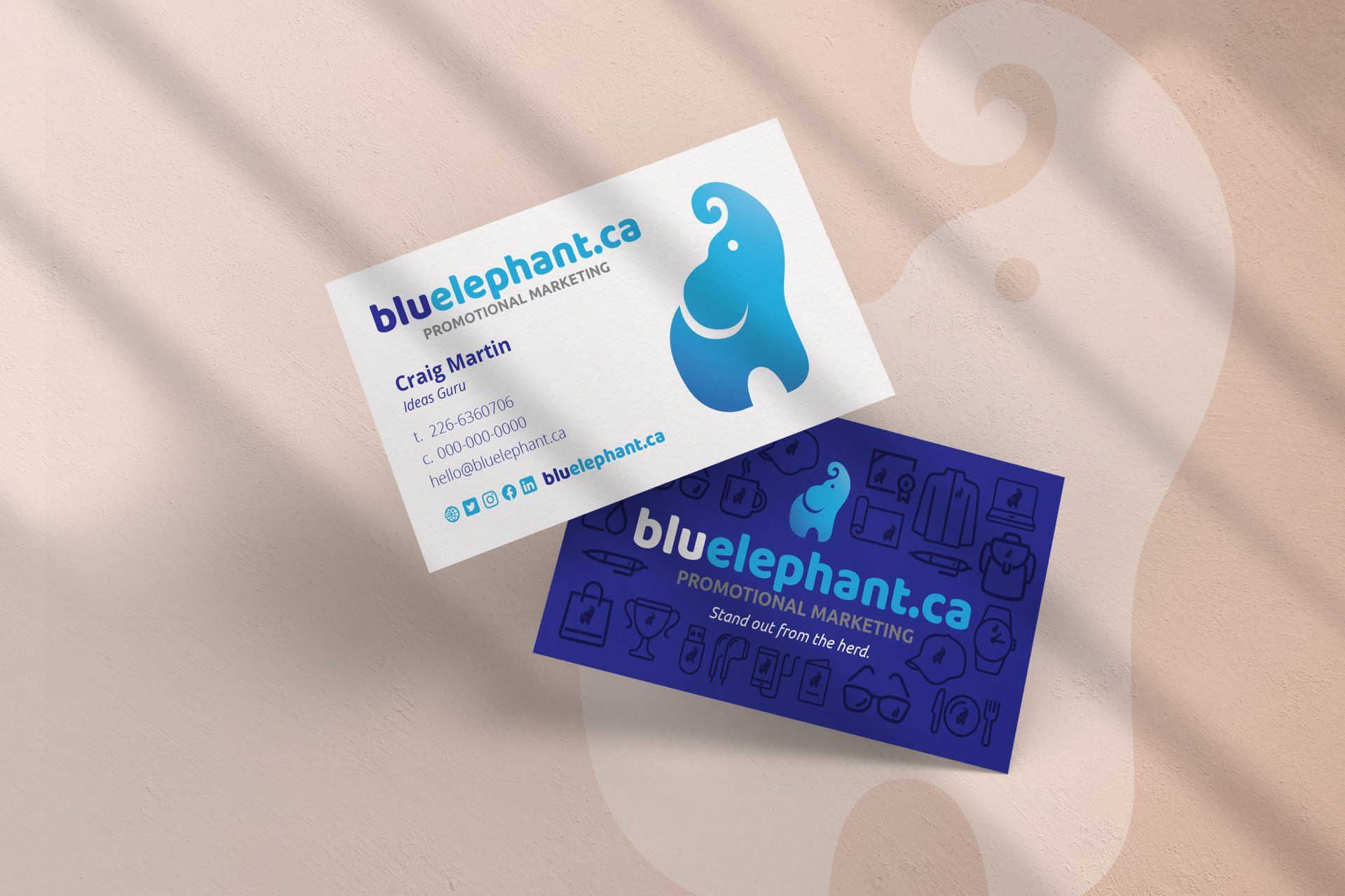 Two business cards for blueelephant.ca are sitting on a table.
