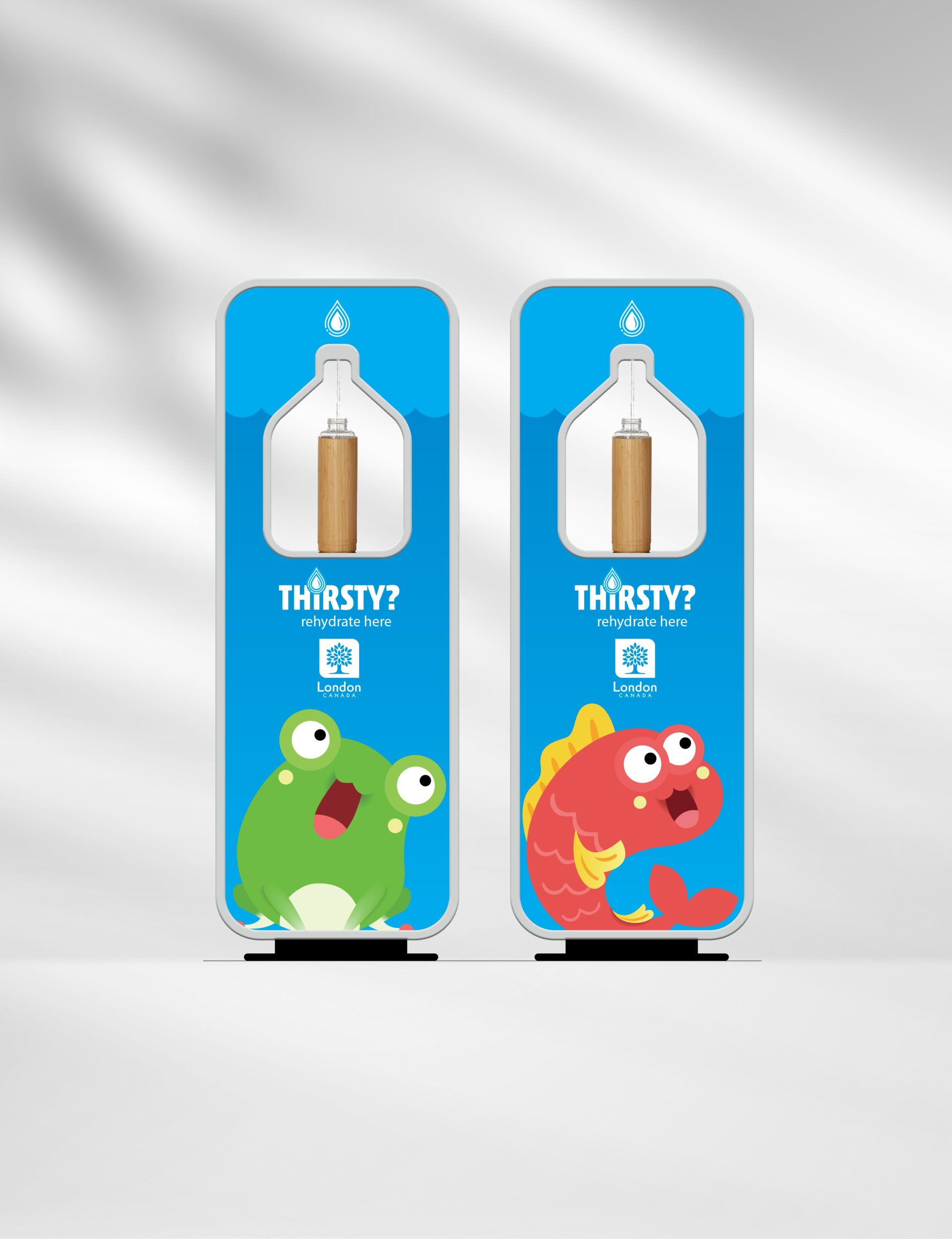 A frog and a fish are on a sign that says thirsty.