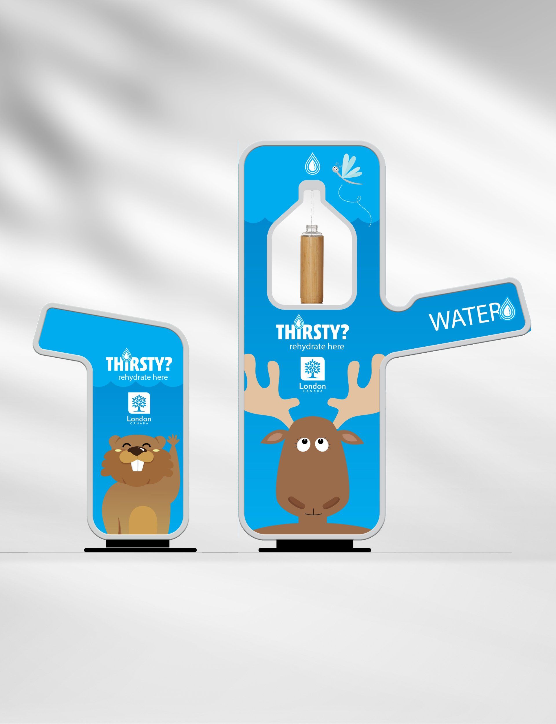 A moose is holding a bottle of water and a beaver is holding a bottle of water.