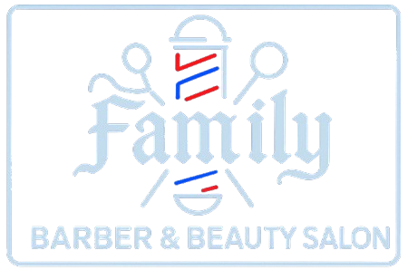 Logo for Family Barber & Beauty Salon with barber pole graphic.